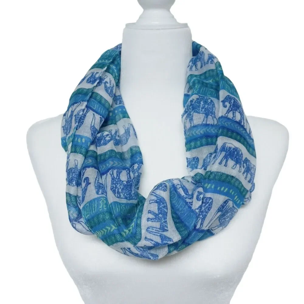 Womens Infinity Scarf Hijab Wrap Blue White Elephant Print Chevron Ikat 35x20